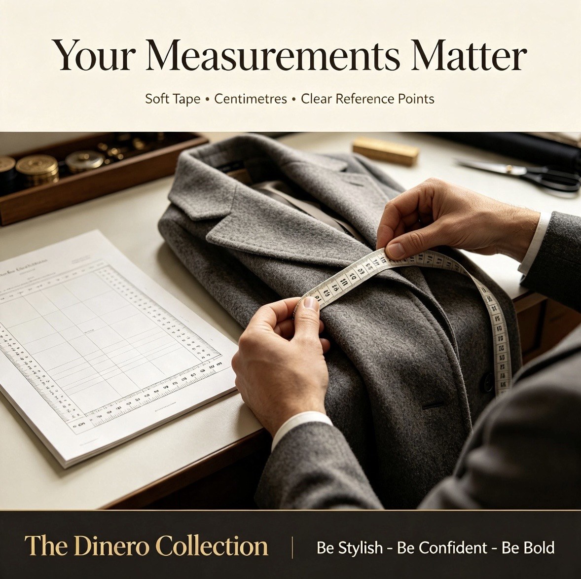 Tailor measuring a grey wool coat with a soft tape beside a measurement chart