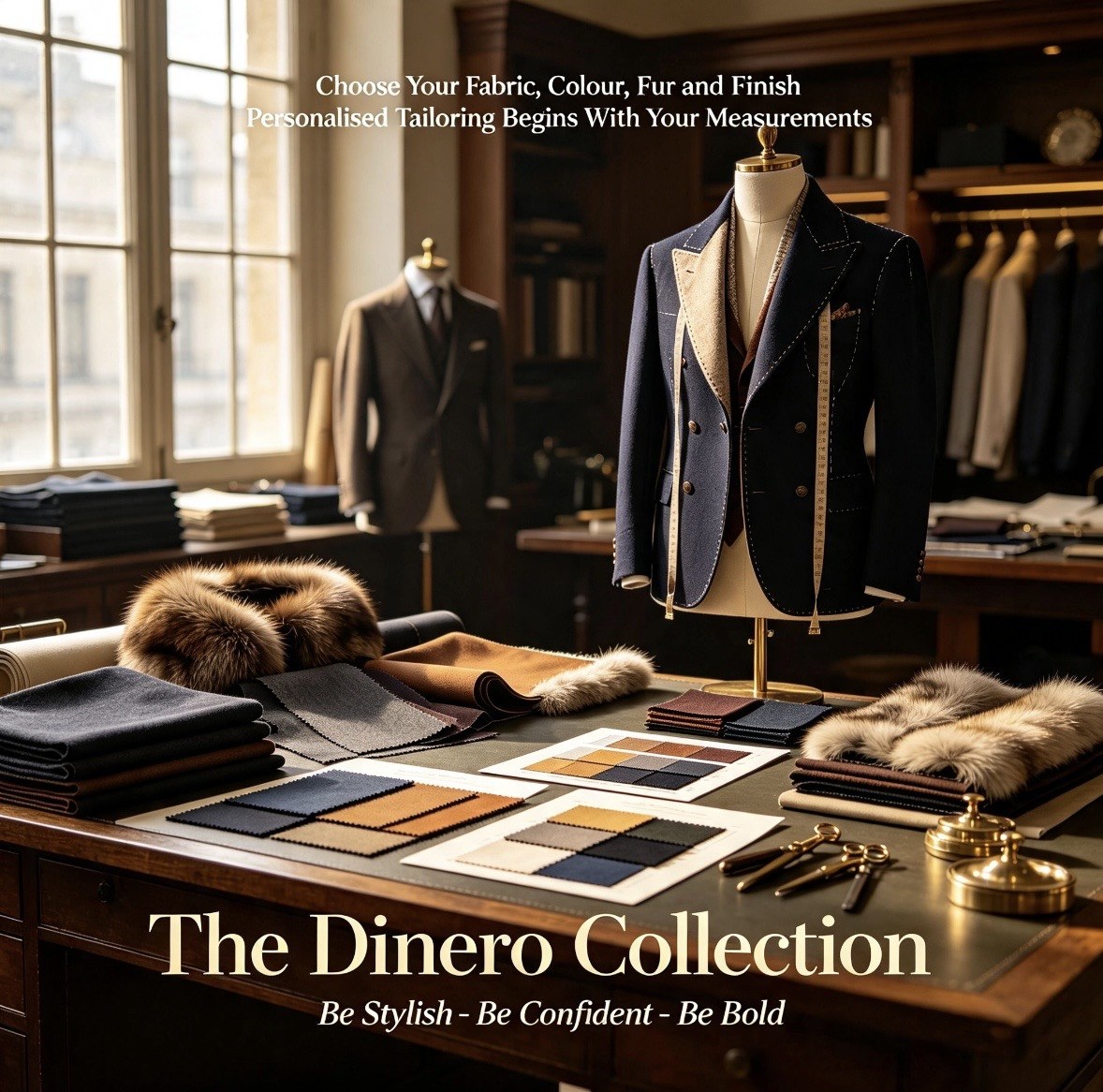 Atelier table laid with wool swatches, colour cards and fox-fur collars beside a navy coat on a tailor’s form
