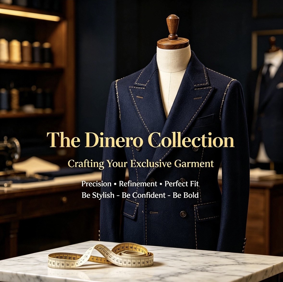 Navy double-breasted coat on a tailor’s form with gold basting stitches visible