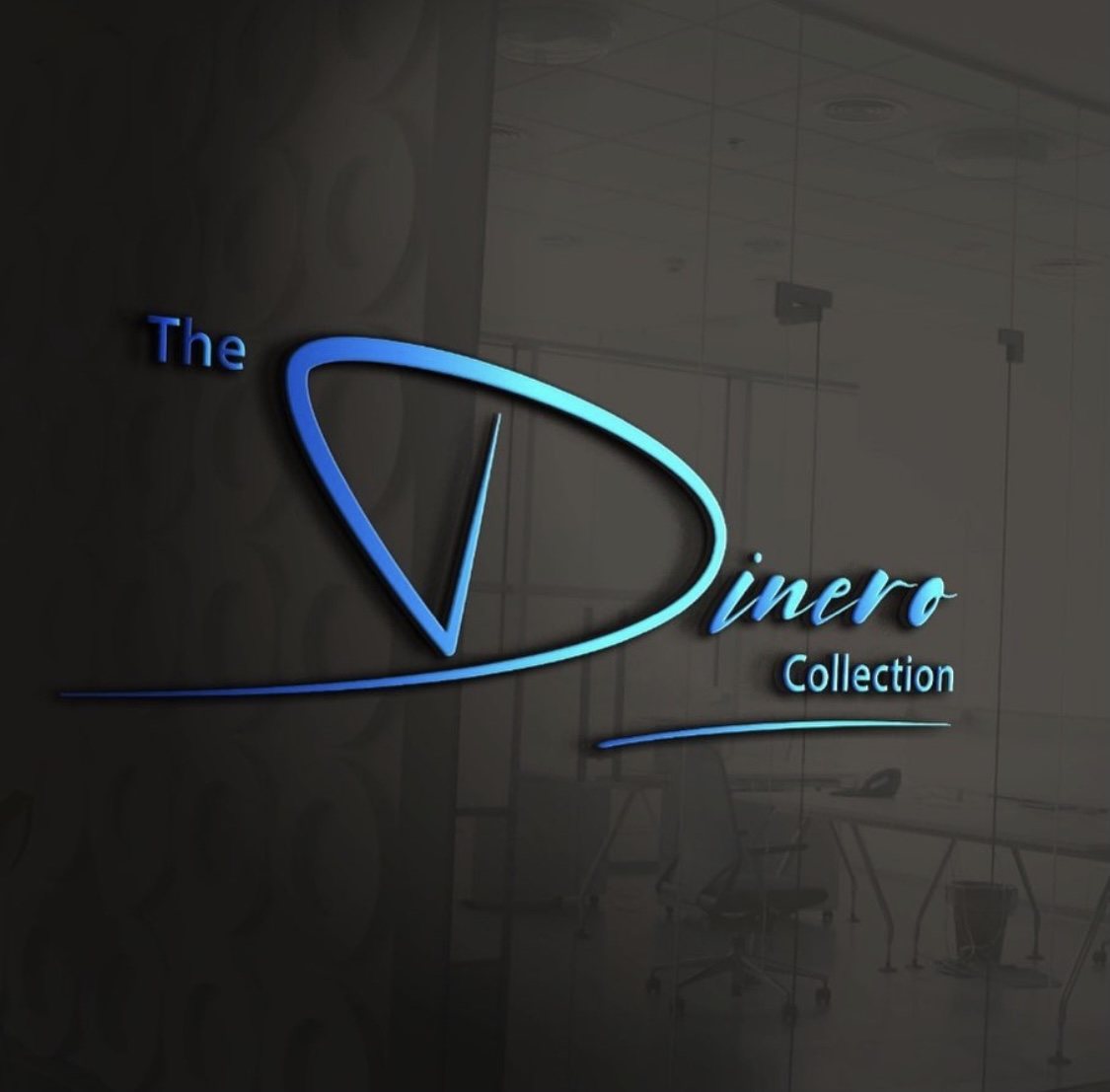 The Dinero Collection signature logo mounted on a glass office wall