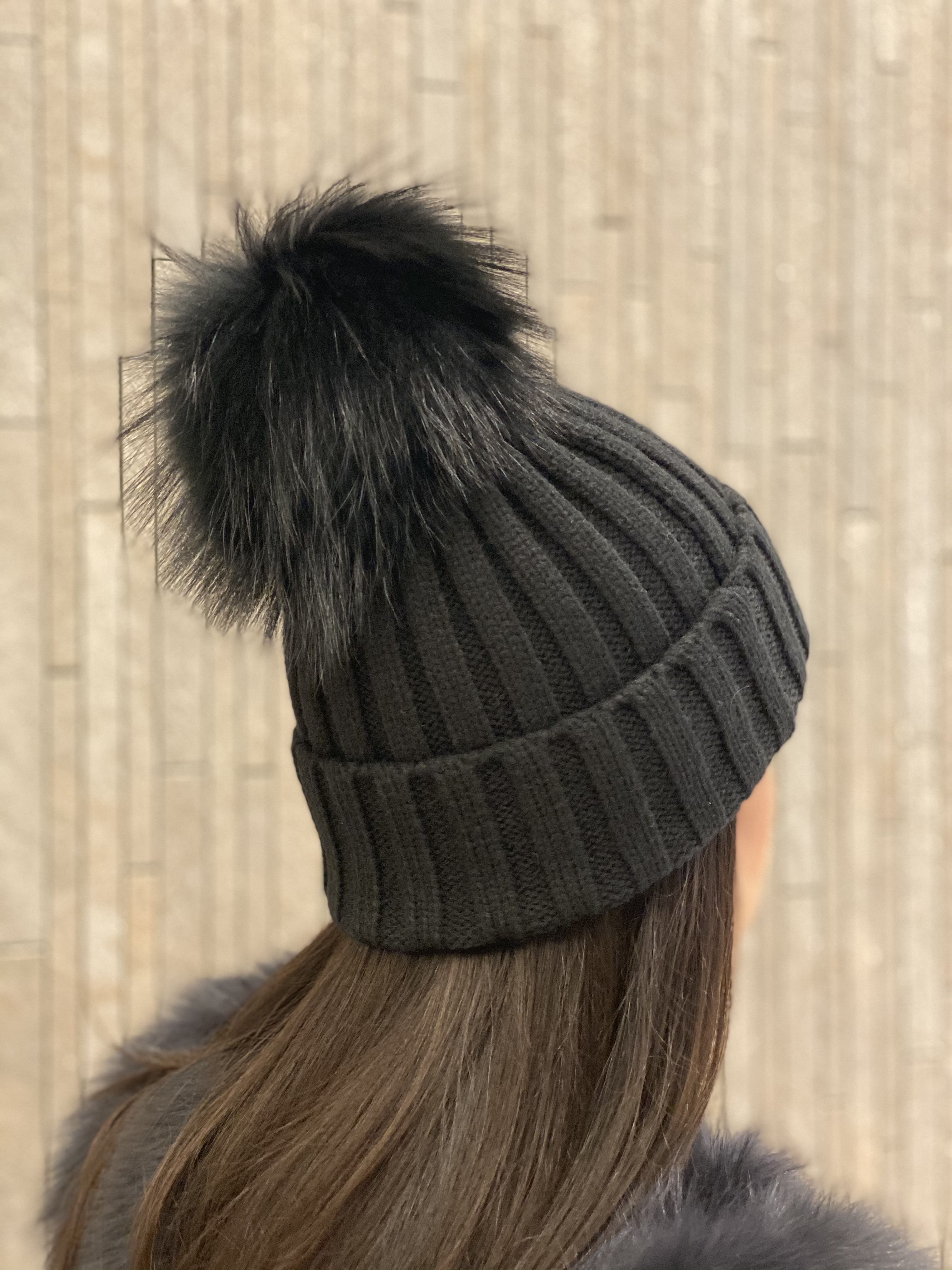 Dinero cashmere ribbed beanie with fox-fur pom, back view